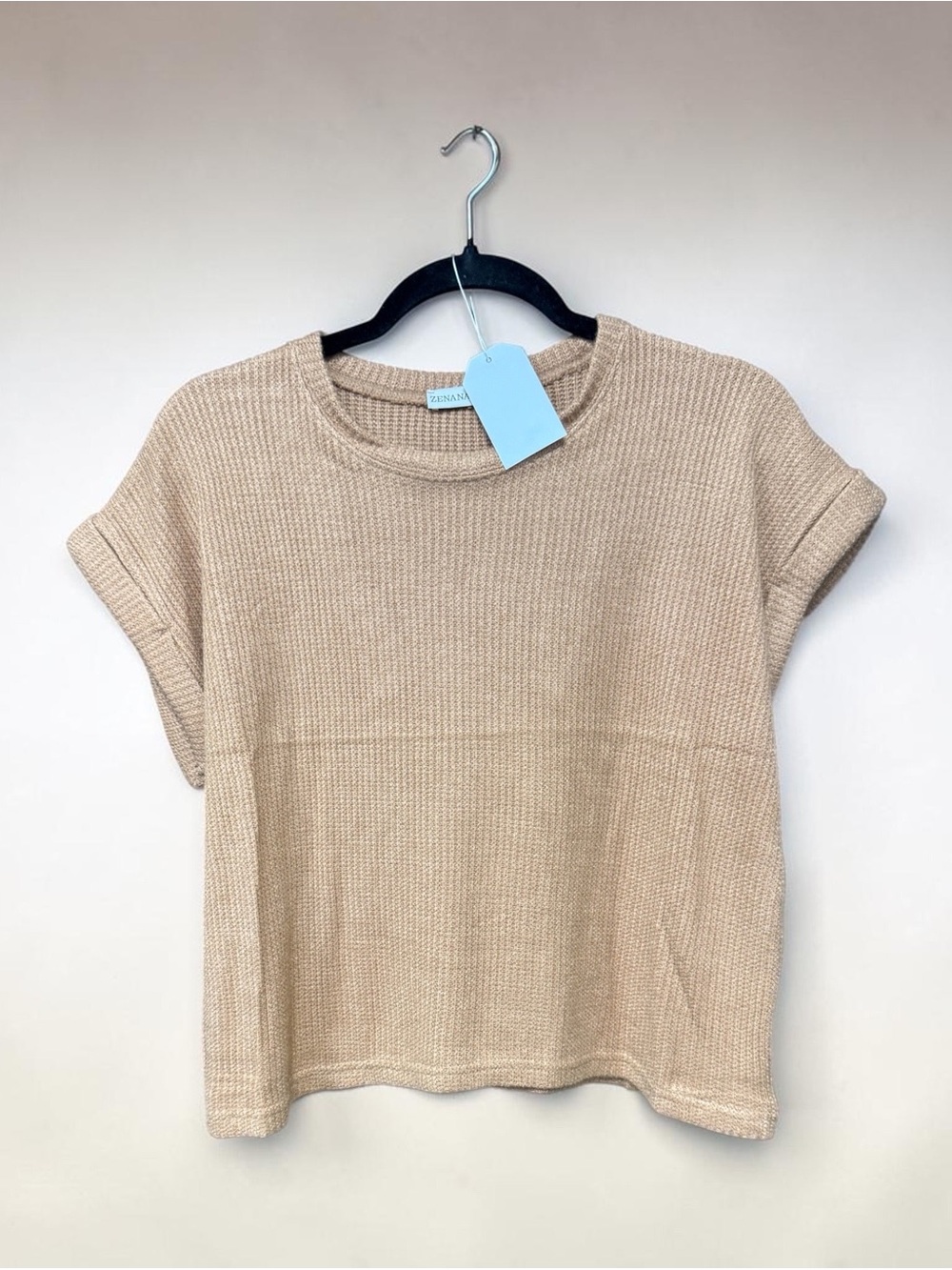 Cozy Short-Sleeve Knit Top and Pants Set in Beige - Women's
